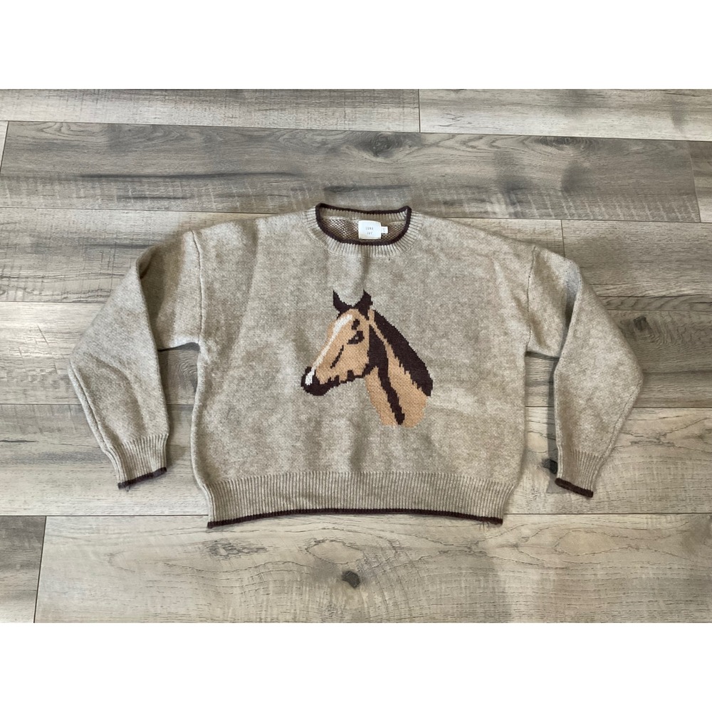 Luna Ivy Horse Intarsia Knit Sweater Beige Brown Crewneck Small Equestrian